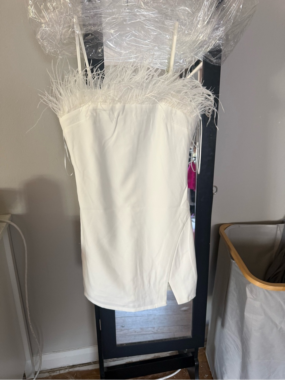 White Feather-Trim Mini Dress with Spaghetti Straps
